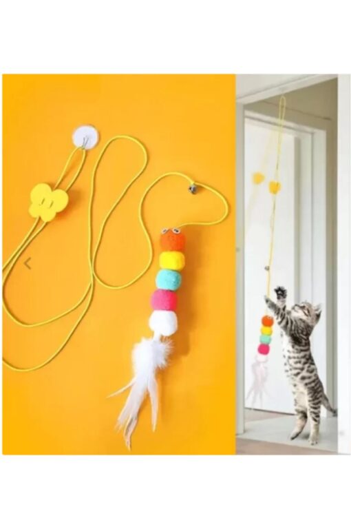 elastik yapışkanlı kedi oyun oltası ayarlanabilir renkli tüylü komik tırtıl ve zilli - Görsel 5