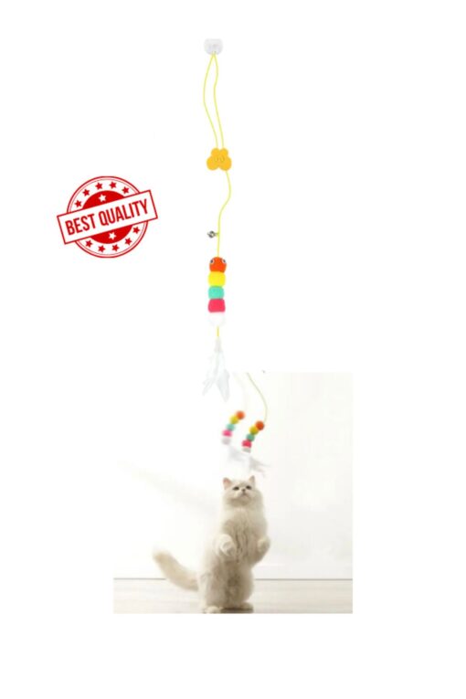 elastik yapışkanlı kedi oyun oltası ayarlanabilir renkli tüylü komik tırtıl ve zilli - Görsel 6