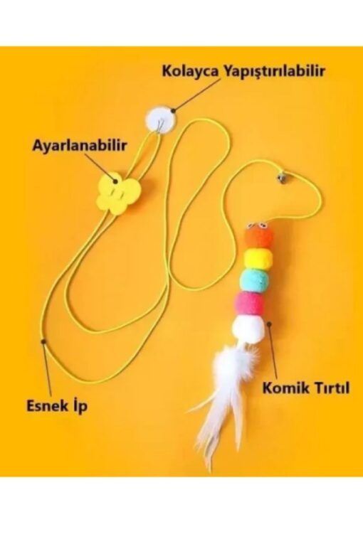 elastik yapışkanlı kedi oyun oltası ayarlanabilir renkli tüylü komik tırtıl ve zilli - Görsel 7